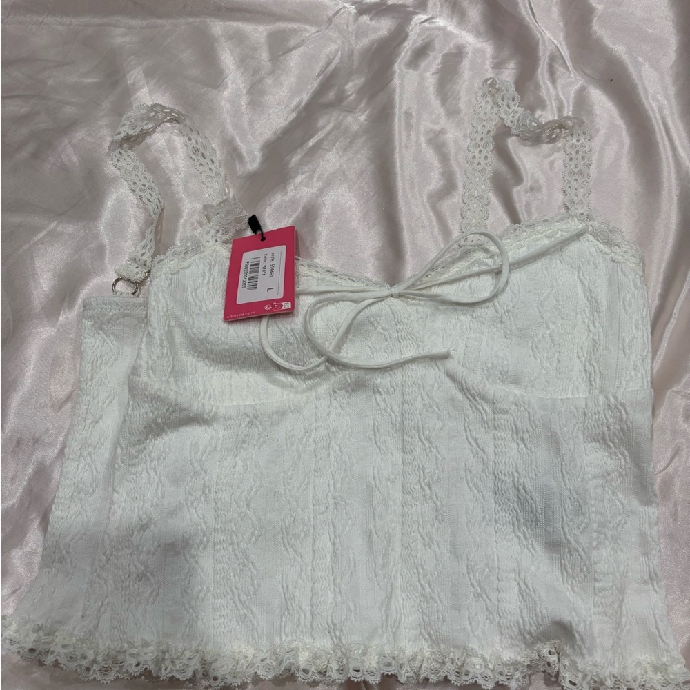 Edikted White Lace Camisole Crop Top with Bow